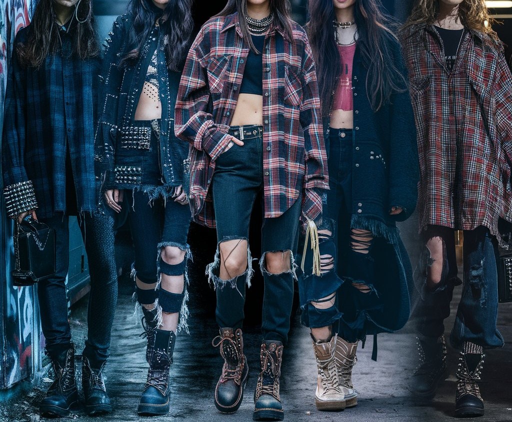 A nostalgic collection of 1990s fashion pictures, showcasing iconic styles of the era. Images include grunge-inspired outfits with flannel shirts, ripped jeans, and combat boots.