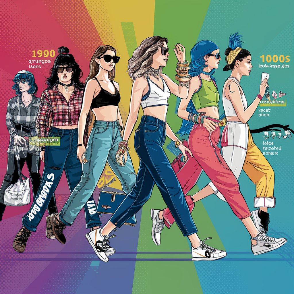 A vibrant and dynamic infographic showcasing the evolution of fashion from the 1990s to the 2020s.