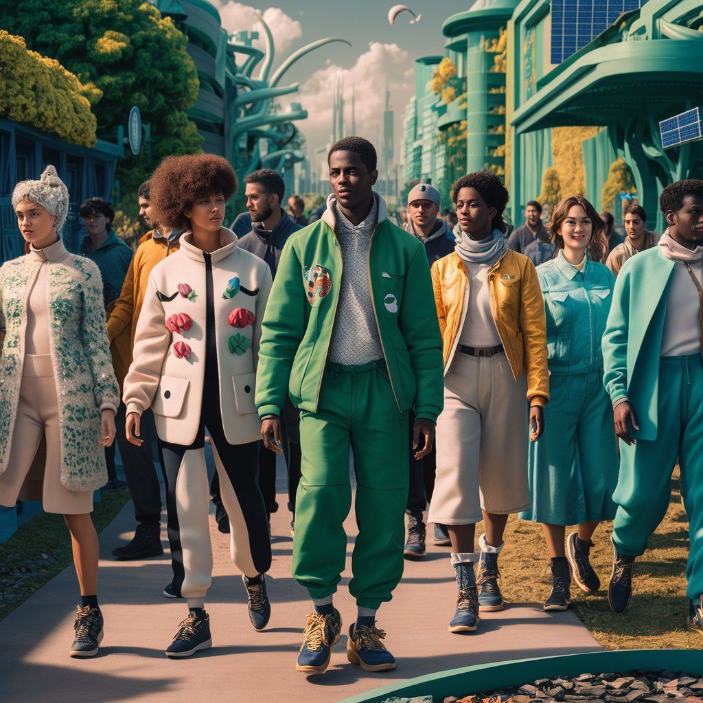 A futuristic 3D illustration of a diverse group of people wearing sustainable and eco-friendly fashion. The background showcases a city of the future, with buildings made of green materials and solar panels. There's a sense of progress and optimism in the air as people walk by, discussing their innovative ideas for a more sustainable future.