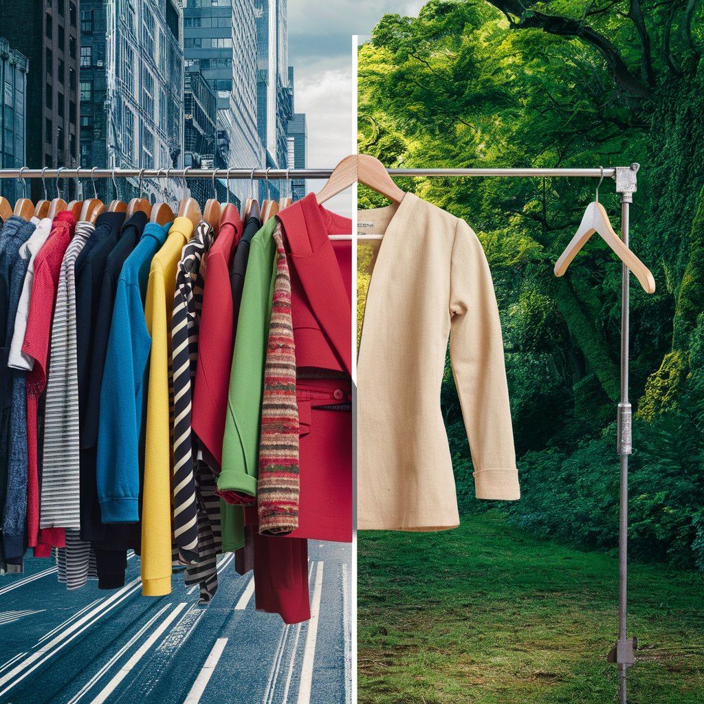 Contrast between fast fashion and sustainable fashion.  On one side, a rack of clothes, mostly made from synthetic materials. On the other side, a single, ethically-made garment, crafted from natural materials.