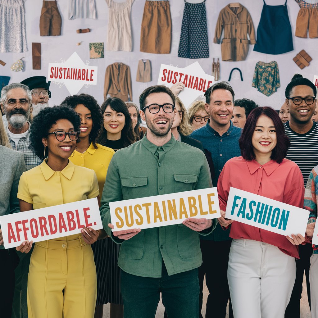 A thought-provoking image featuring a diverse group of people. The people are smiling and holding signs that read "Affordable," "Sustainable," and "Fashion."