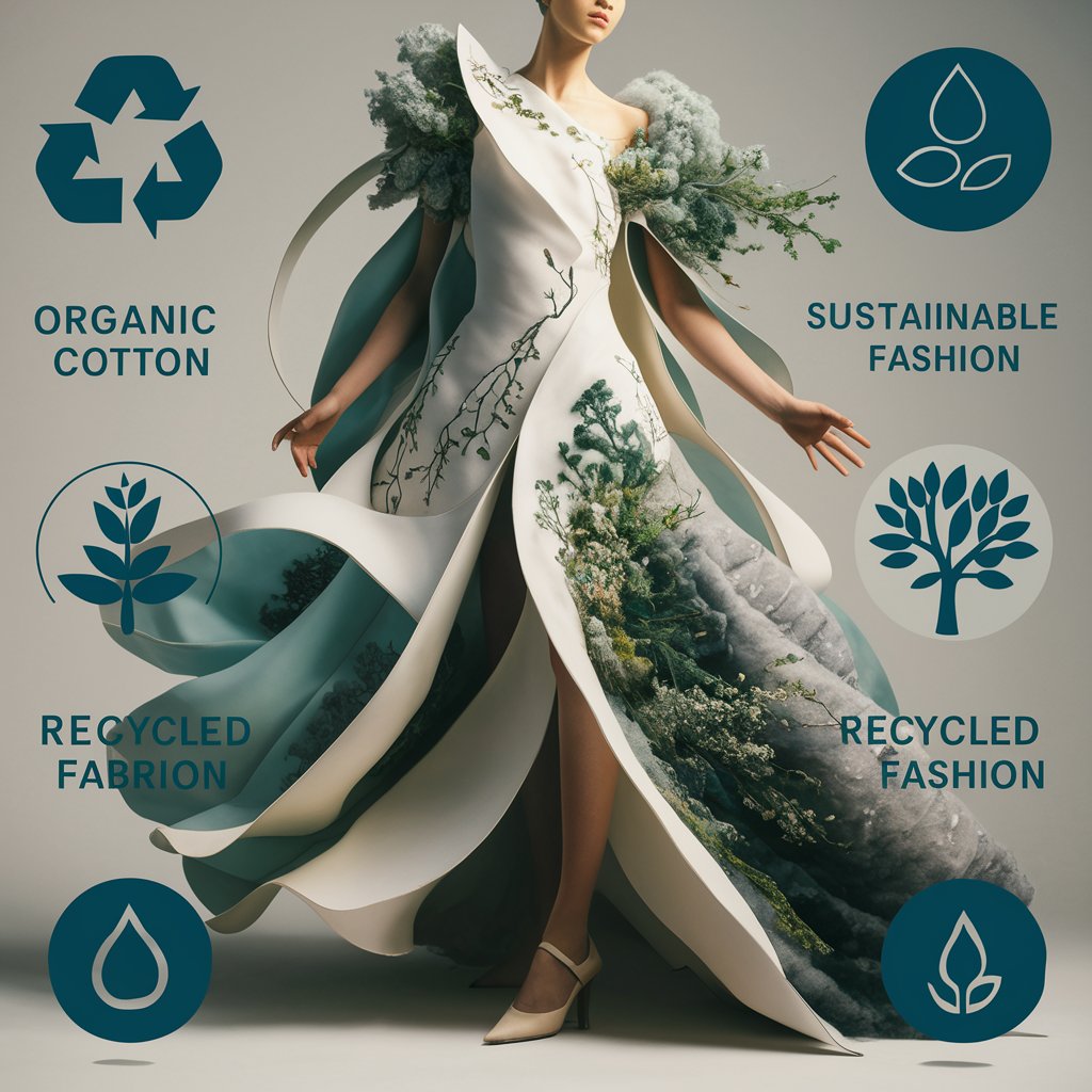 A visually striking image that highlights the importance of sustainable fashion. The focus is on an elegant, modern dress made from eco-friendly materials, such as organic cotton and recycled fabric.